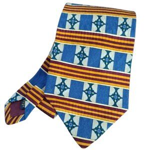 100% Silk Necktie Made USA Blue Cream Orange Red Geometric Stripe XMI Me…